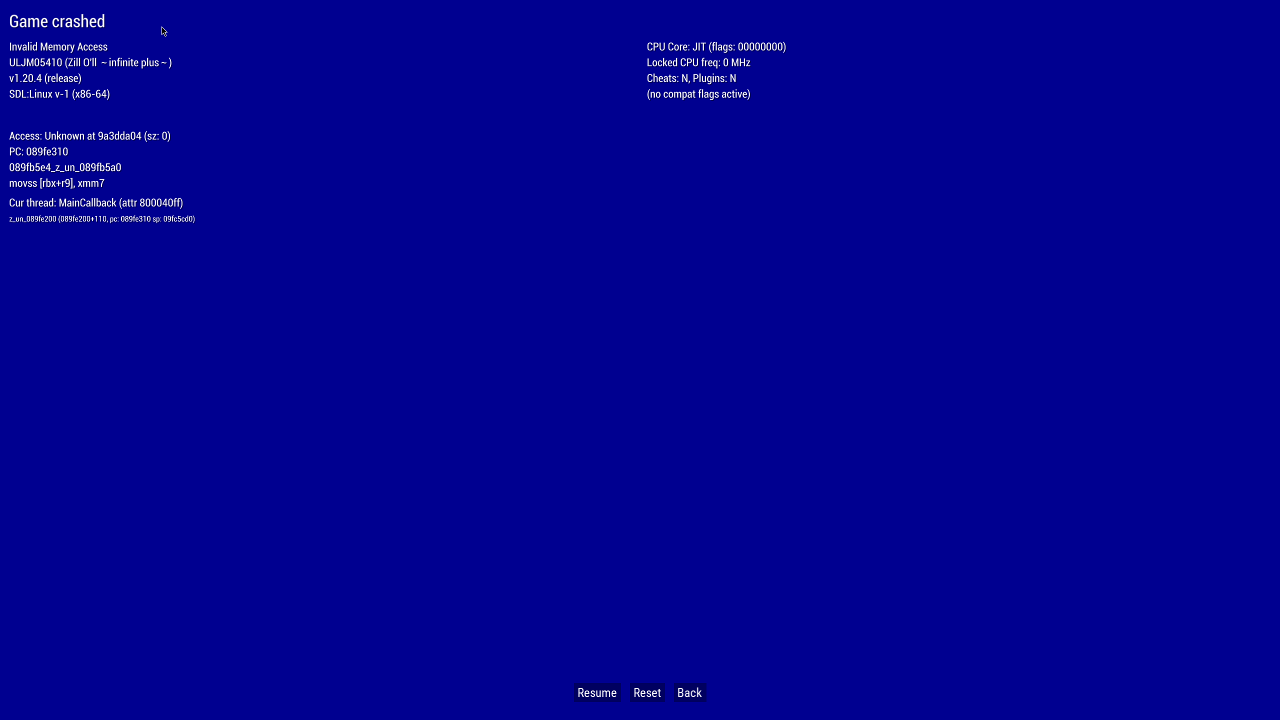 PPSSPP reporting an invalid memory access in Zill O'll Infinite Plus