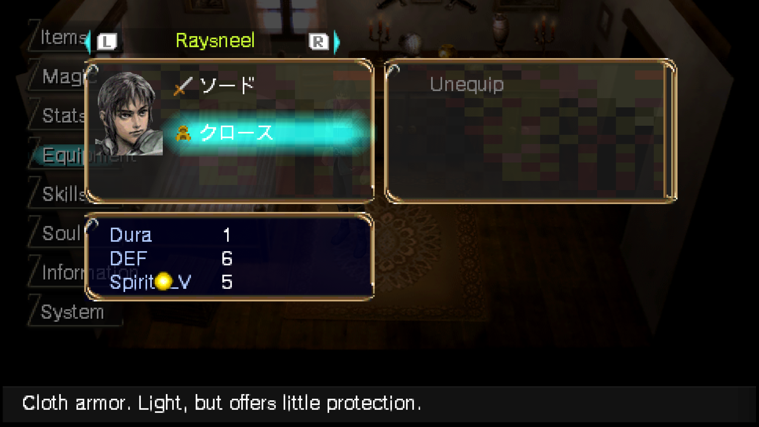 Untranslated Japanese item names in the equipment menu