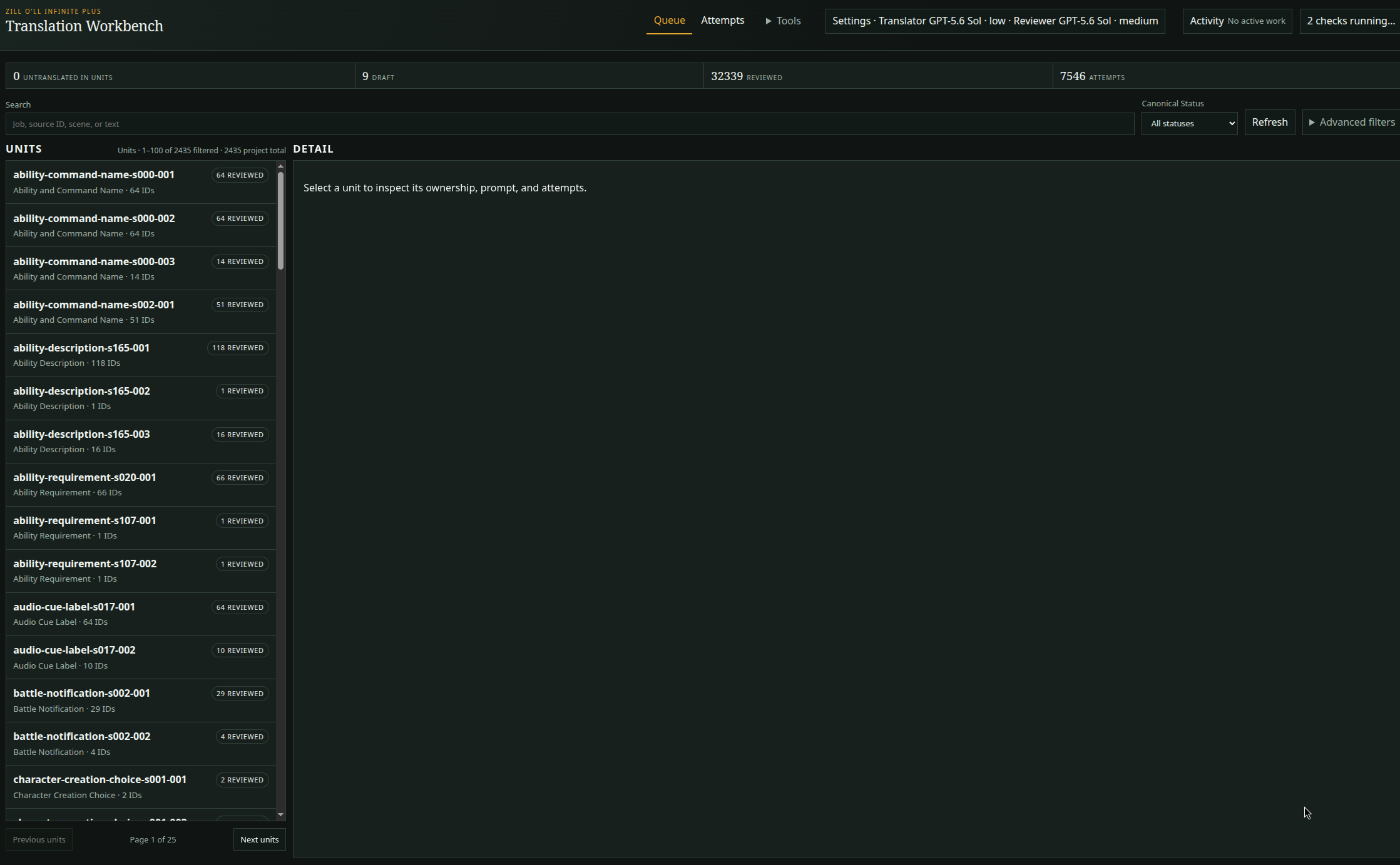 The Zill O'll translation dashboard showing translation units and review progress