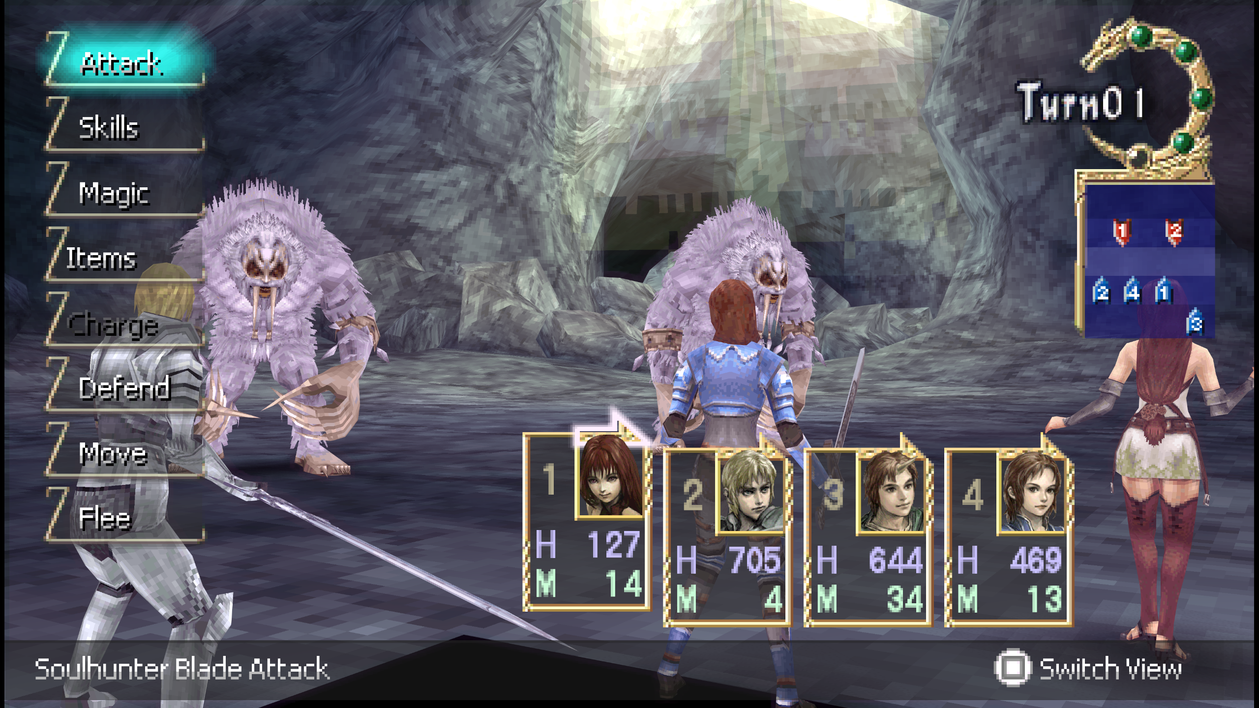 The translated game in combat against two monsters