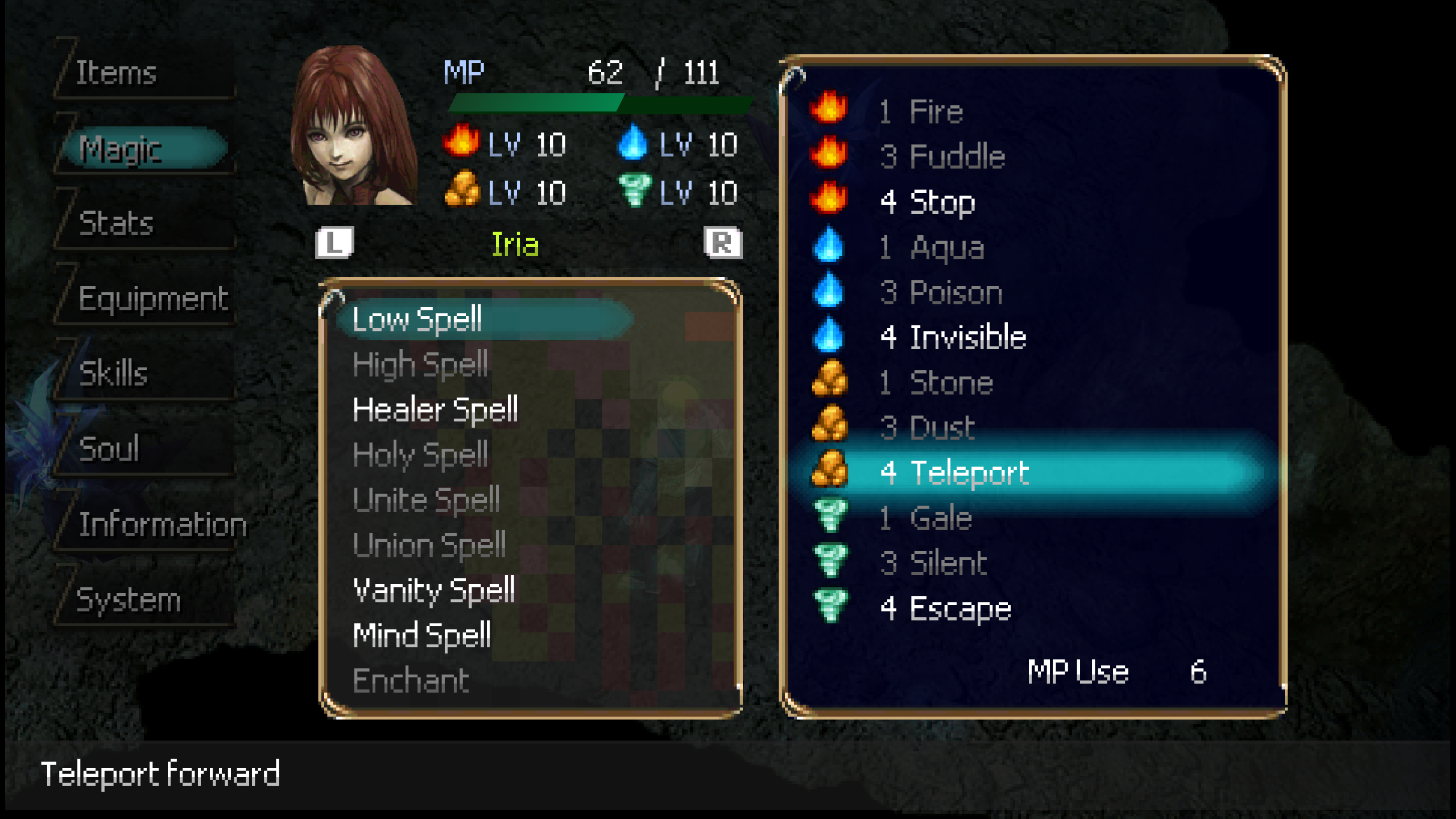 The translated character Magic menu with Teleport selected