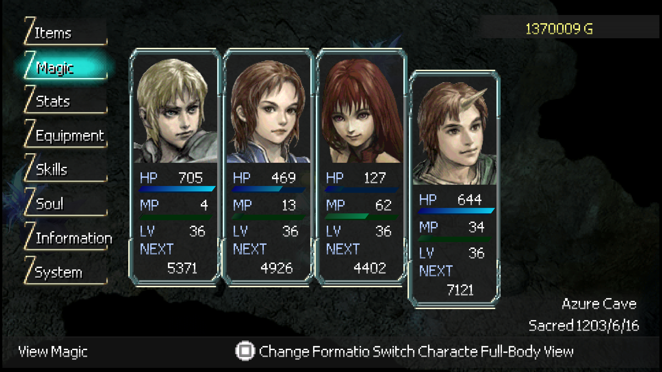 The translated party menu showing character portraits and statistics