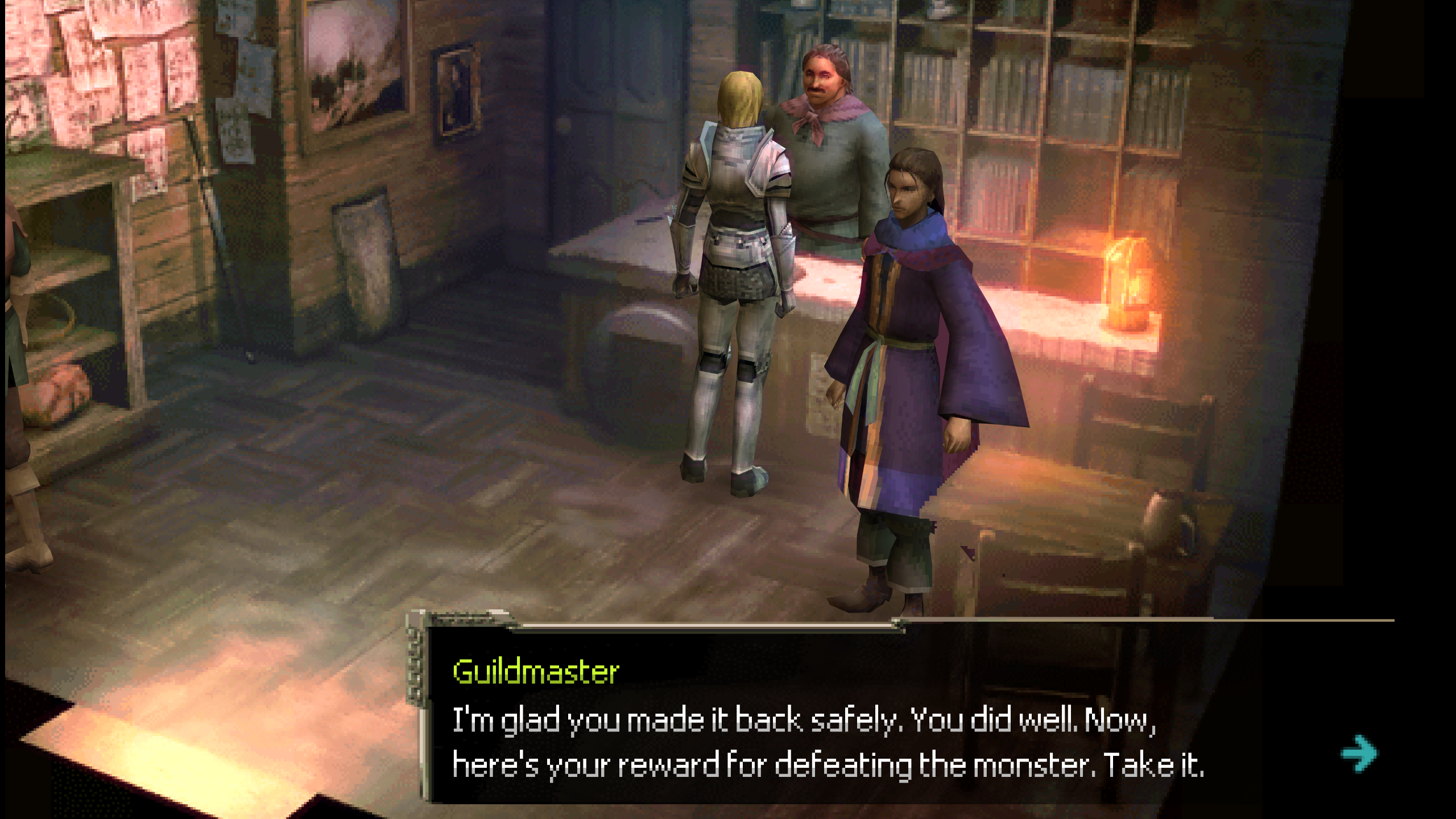 The Guildmaster congratulating the party after a completed quest
